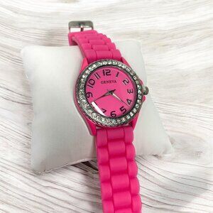 Geneva Pink Silicone Strap Watch With Rhinestone Bezel & Stainless Steel Back